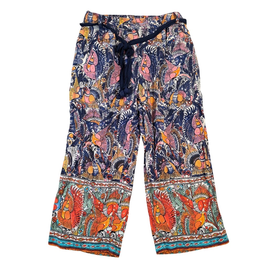 Anthropologie Mermaid Bird Print‎ Wide Leg Cropped Pants Cotton Bohemian Small